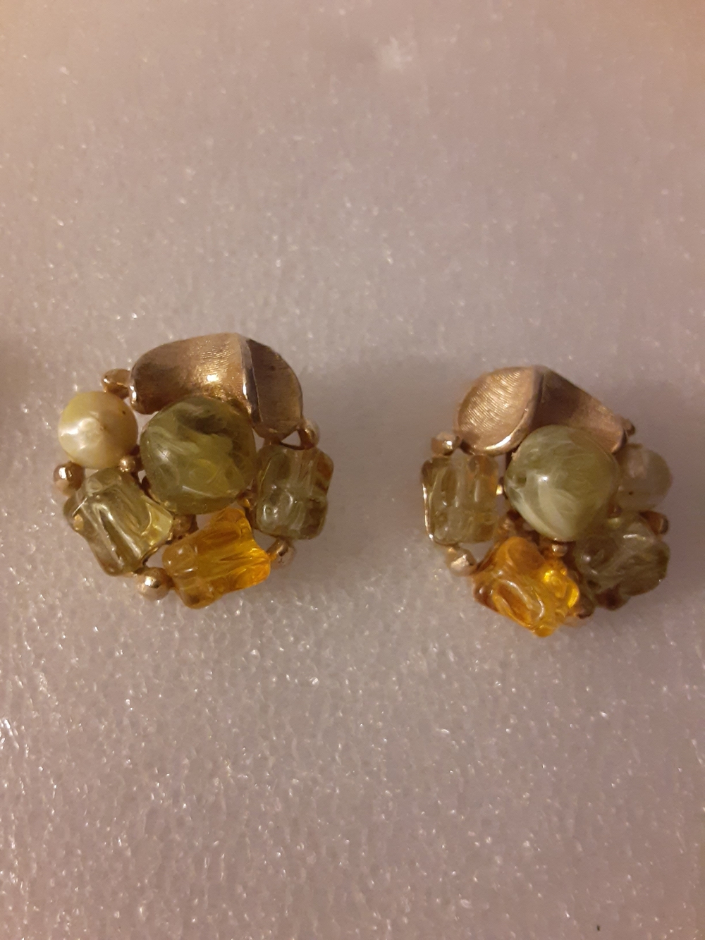 Vintage Gold-Tone Cluster Clip Earrings with Olive Green and Amber Beads